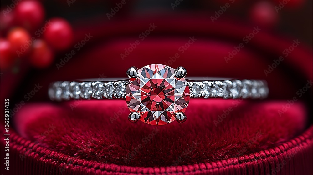 A beautiful diamond ring rests in a red velvet jewelry box A beautiful diamond ring rests in a red velvet jewelry box