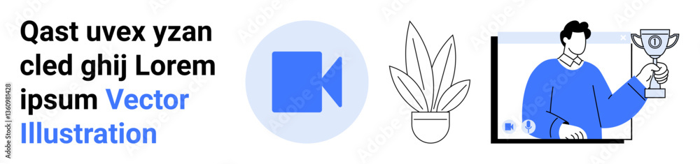 Video call interface featuring a person holding a trophy, plant element, and text in a modern style. Ideal for remote work, achievement, success, communication, technology, teamwork flat landing Video call interface featuring a person holding a trophy, plant element, and text in a modern style. Ideal for remote work, achievement, success, communication, technology, teamwork flat landing
