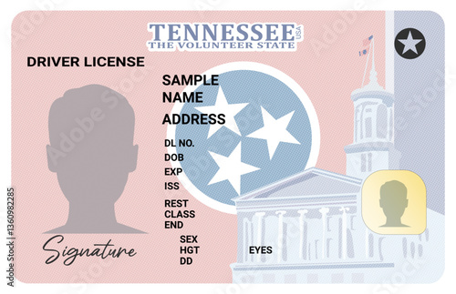 Tennessee driver license isolated on white background. Person driver license