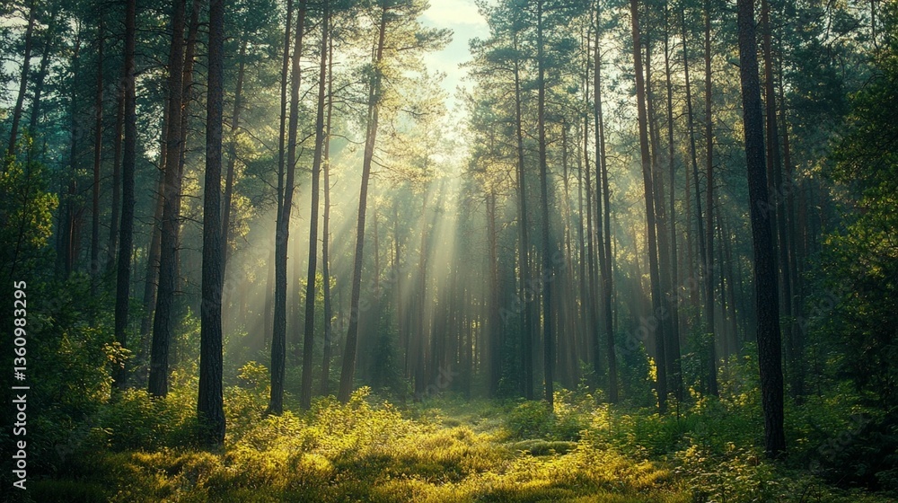 Fototapeta premium Sunbeams illuminate a misty pine forest path.