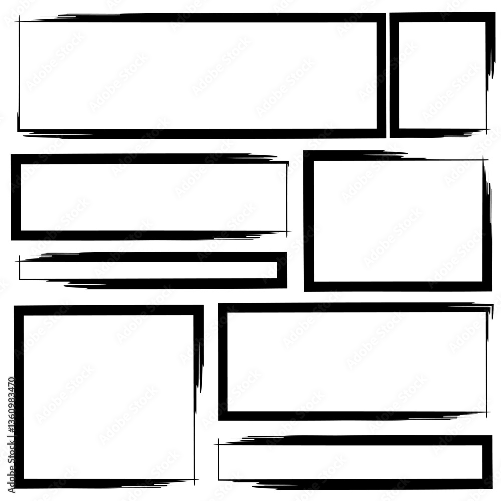Comic frame set. Hand drawn border. Abstract ink outline. Vector template.