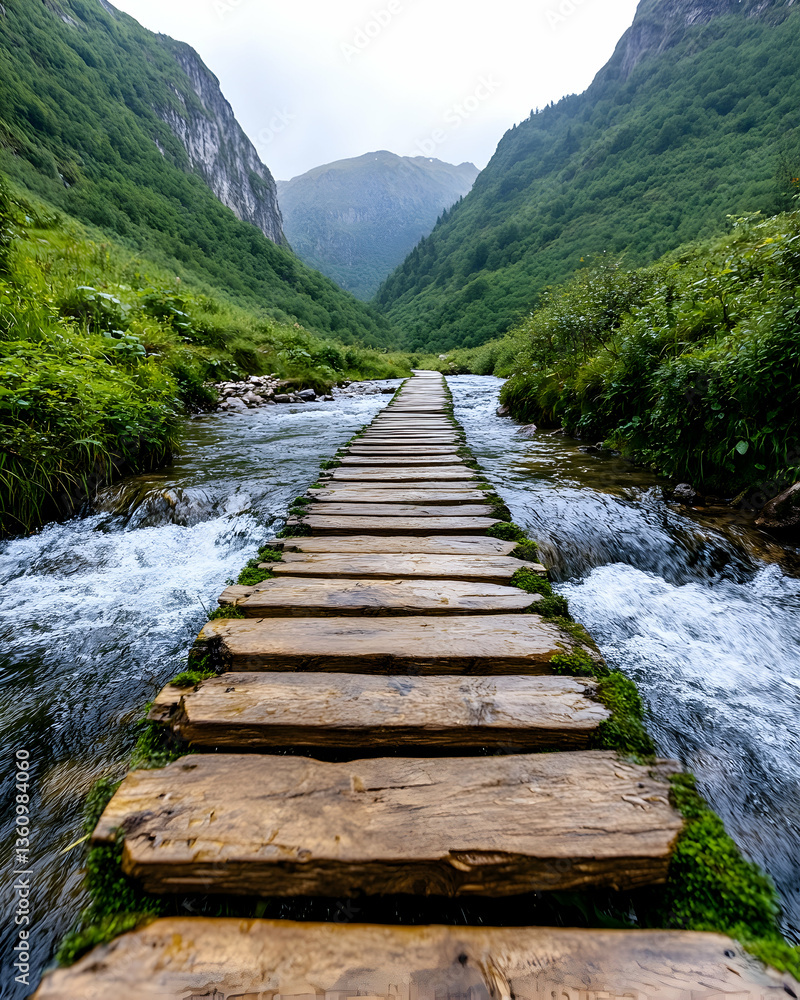Fototapeta premium Wooden path across mountain stream, lush valley