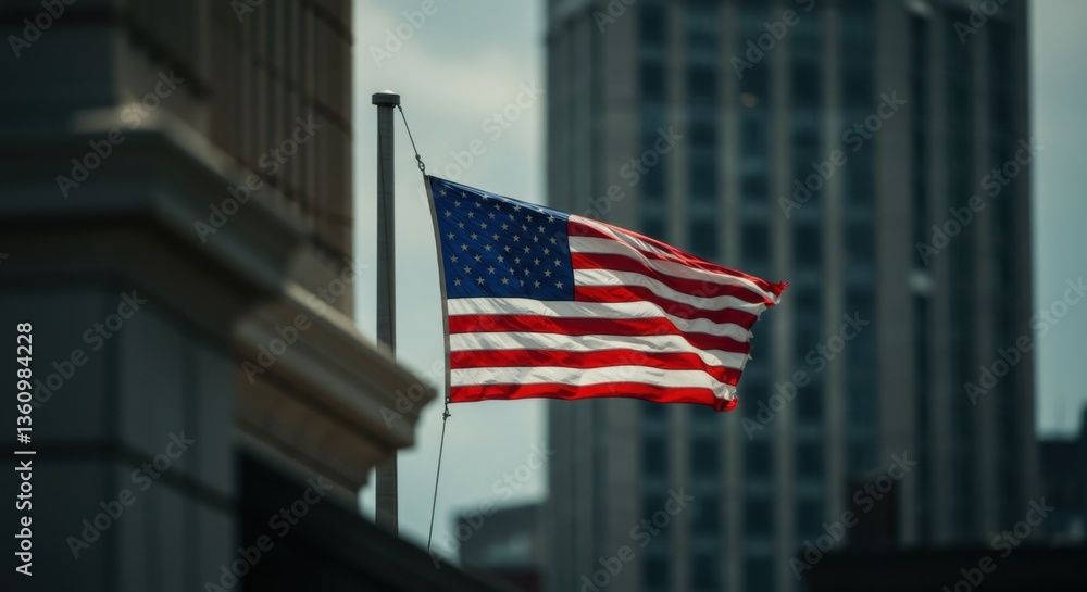 Fototapeta premium American Flag in City Scene