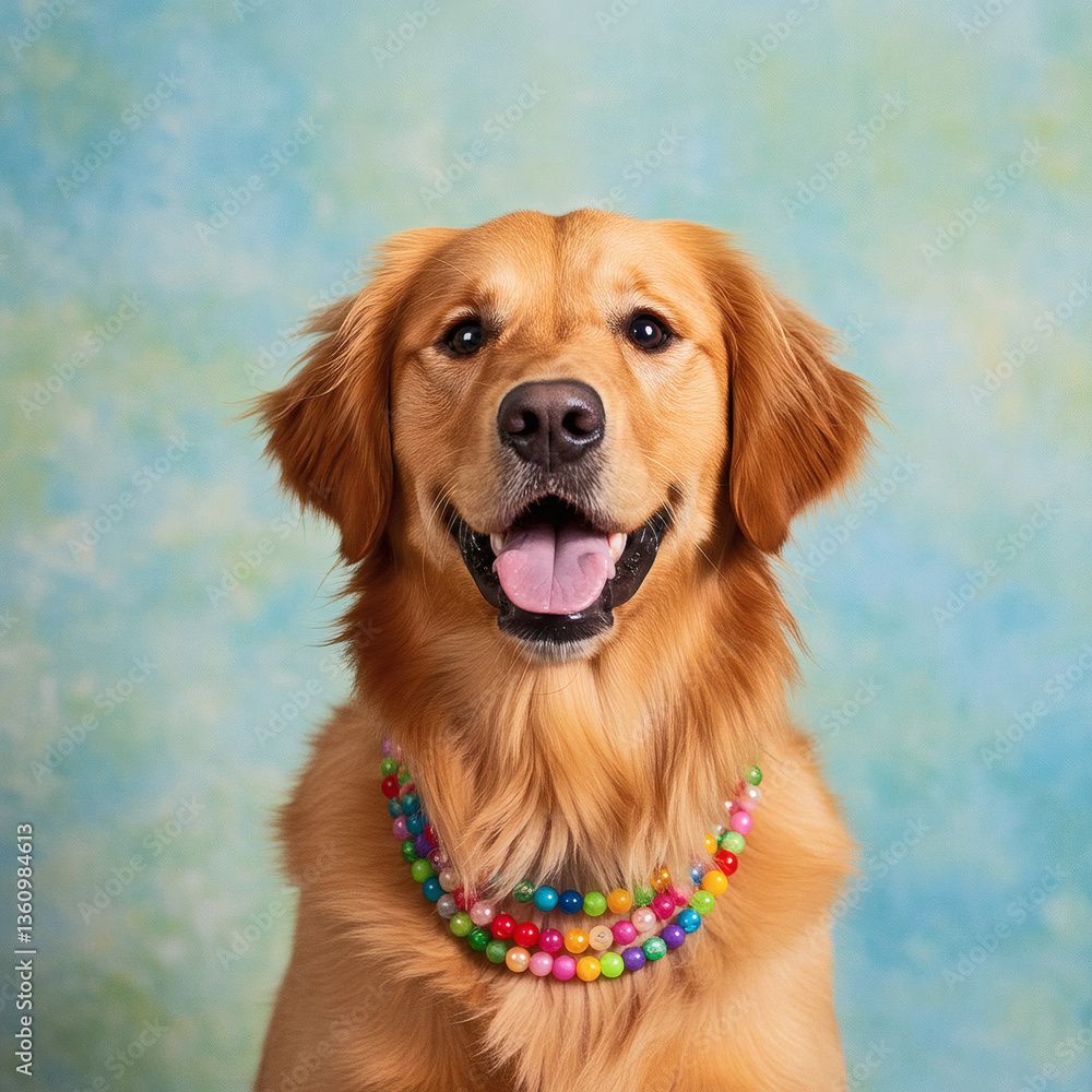 Obraz premium Happy Golden Retriever Wearing Colorful Beaded Necklace for April Fools Day, Playful, Joyful Pet Portrait with Copyspace