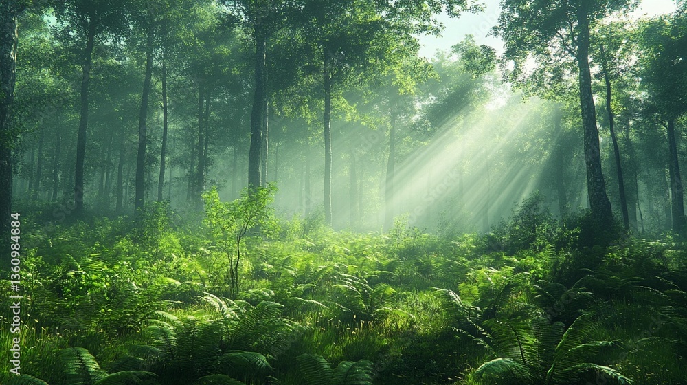 Fototapeta premium Sunbeams pierce a misty, lush green forest, illuminating ferns and tall trees.