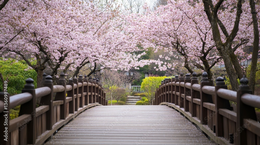 Obraz premium Wooden bridge pathway through blossoming cherry trees in a tranquil garden.