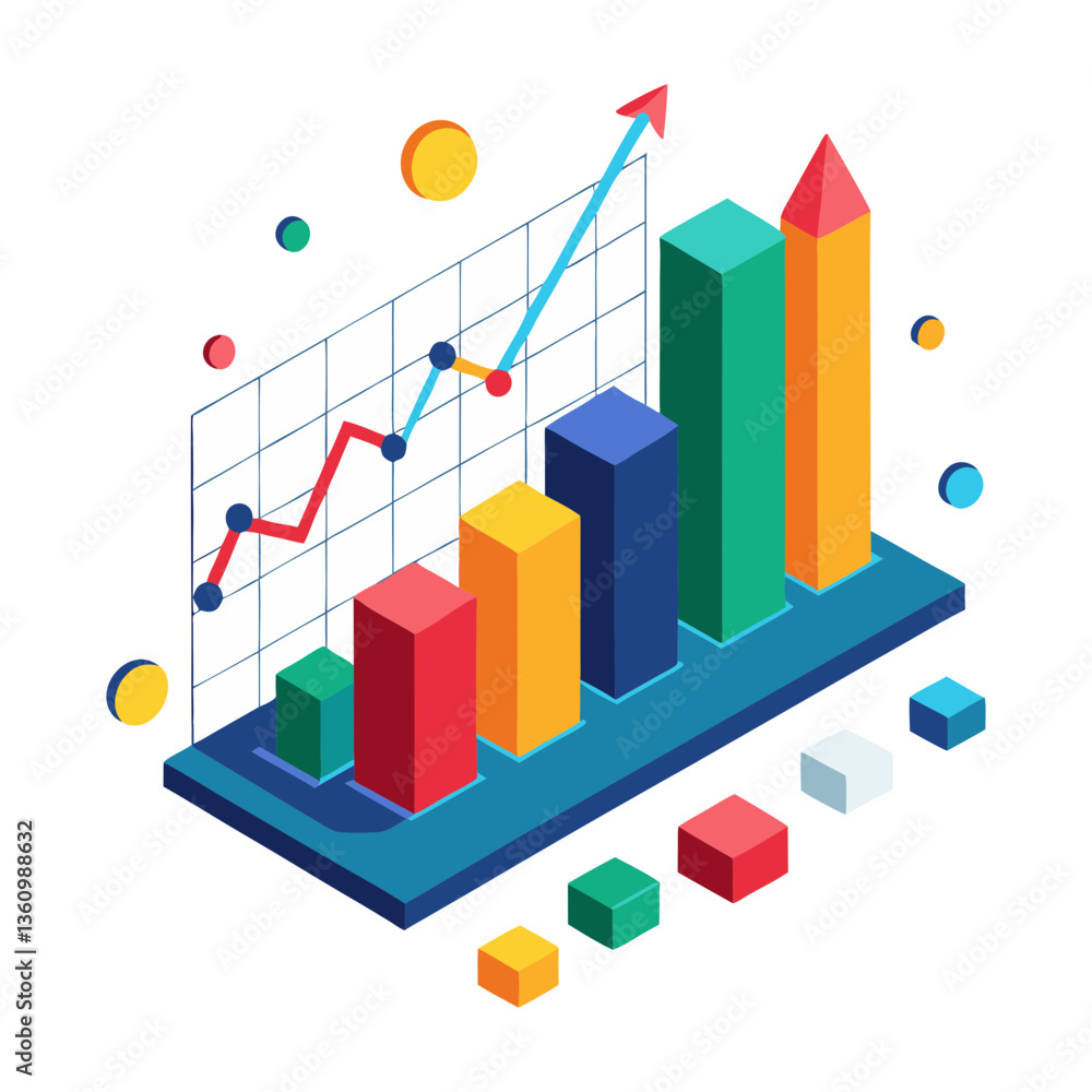Isometric bar chart with upward trending line, data visualization, flat design. Isometric bar chart with upward trending line, data visualization, flat design.