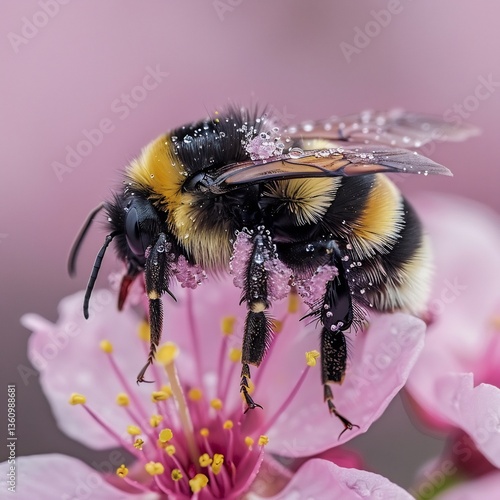 Ultra detailed close up of Rusty patched Bumblebee Bombus affinis landing blooming cherry blossom Each tiny hair body glisten morning dew while soft pink petal frame intricate detail of leg gripping