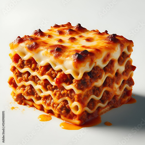 Piece of baked lasagna with minced meat and cheese isolated on white background.