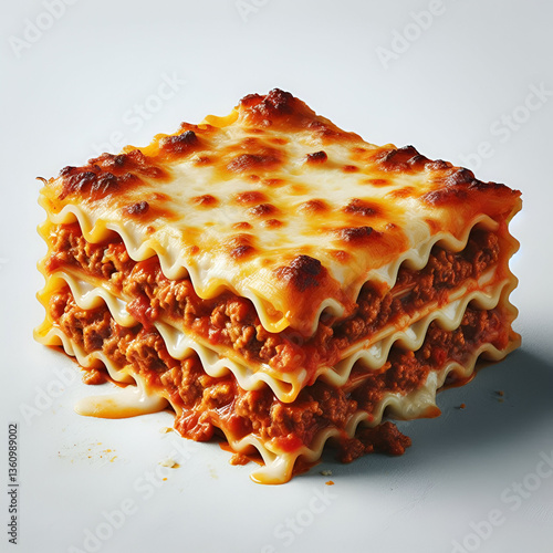 Piece of baked lasagna with minced meat and cheese isolated on white background.