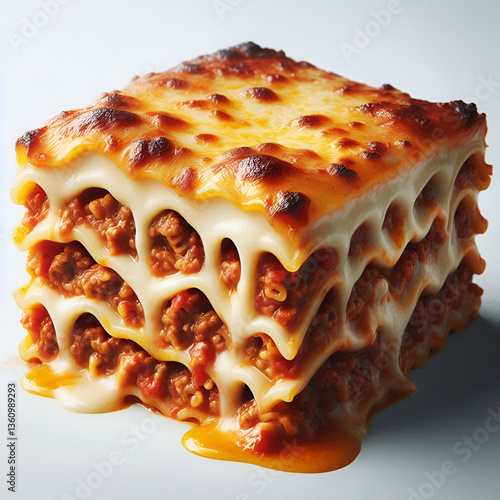 Piece of baked lasagna with minced meat and cheese isolated on white background.