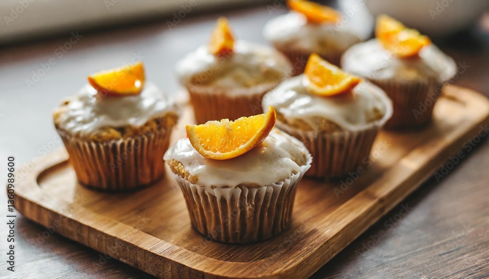 Flaky Orange Zest Muffins with Glaze Shot Close-Up on Wooden Tray in Soft Morning Kitchen Light Flaky Orange Zest Muffins with Glaze Shot Close-Up on Wooden Tray in Soft Morning Kitchen Light