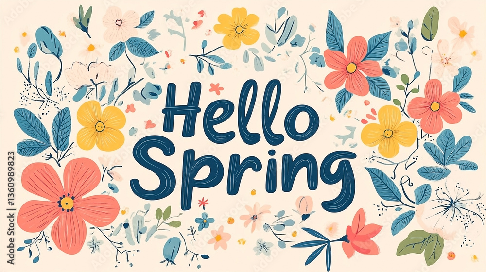 A charming spring illustration with blooming flowers and the message Hello Spring displayed A charming spring illustration with blooming flowers and the message Hello Spring displayed