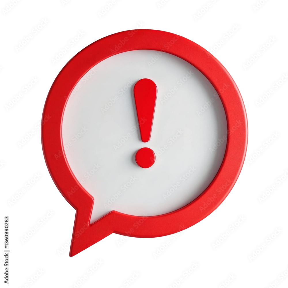 A bold red speech bubble urgently announces important news, a critical alert demanding immediate attention with a clean white background and 3D design. A bold red speech bubble urgently announces important news, a critical alert demanding immediate attention with a clean white background and 3D design.