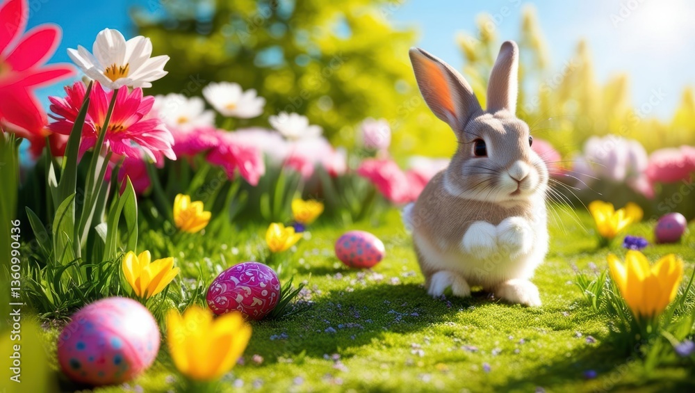 Fototapeta premium Adorable Rabbits With Colorful Easter Eggs In A Vibrant Spring Meadow. A Joyful Holiday Scene Symbolizing Celebration, Renewal, And The Spirit Of Easter Festivities.