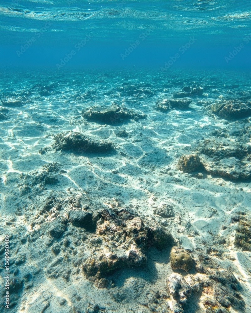 Fototapeta premium Stunning underwater shot of a tranquil ocean floor, showcasing sunlight filtering through the water, illuminating the rocky seabed and sandy patches.