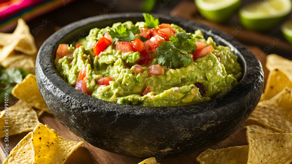 Fresh Guacamole with Tomato and Cilantro in a Stone Bowl Surrounded by Tortilla Chips Fresh Guacamole with Tomato and Cilantro in a Stone Bowl Surrounded by Tortilla Chips