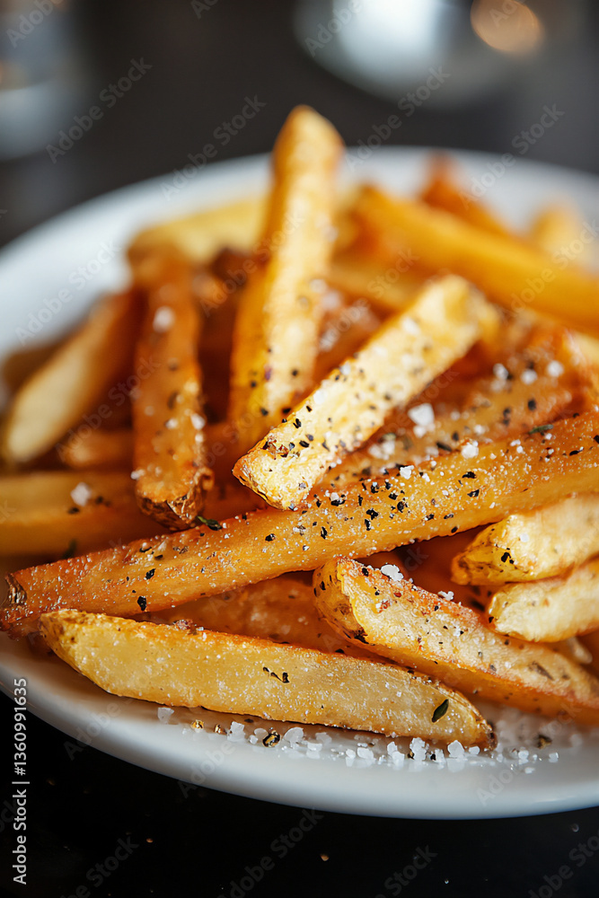 a close-up shot of crispy french fries with salt and pepper, a close-up shot of crispy french fries with salt and pepper,