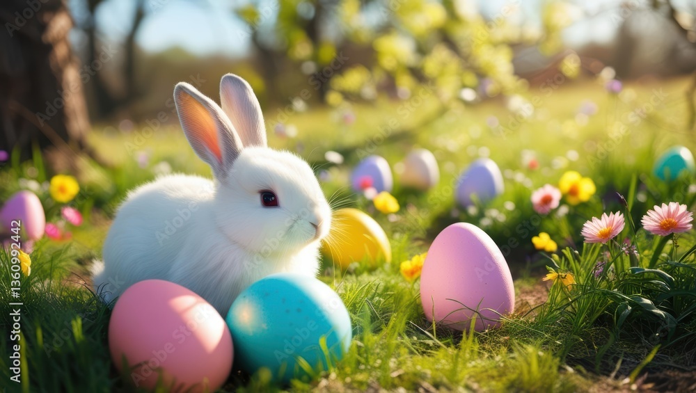 Fototapeta premium A Playful Bunny Amidst Colorful Easter Eggs And Fluttering Butterflies In A Lush Spring Meadow, Embodying The Joyous Spirit Of The Season.