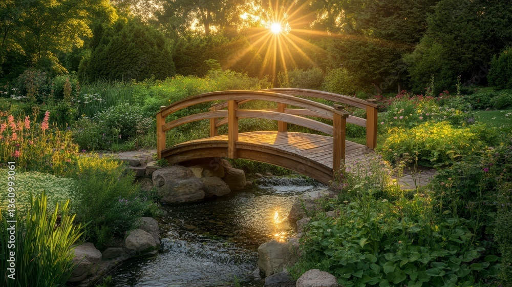 Obraz premium Serene garden scene with wooden bridge over stream at sunset.