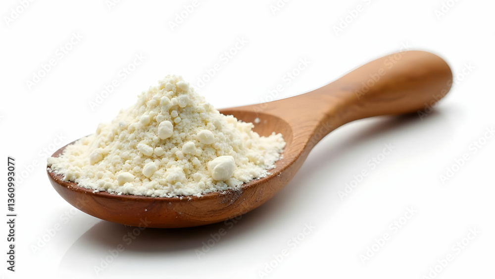 Fine White Slippery Elm Powder Respectfully Displayed in Traditional Native American Wooden Spoon on White Background Fine White Slippery Elm Powder Respectfully Displayed in Traditional Native American Wooden Spoon on White Background