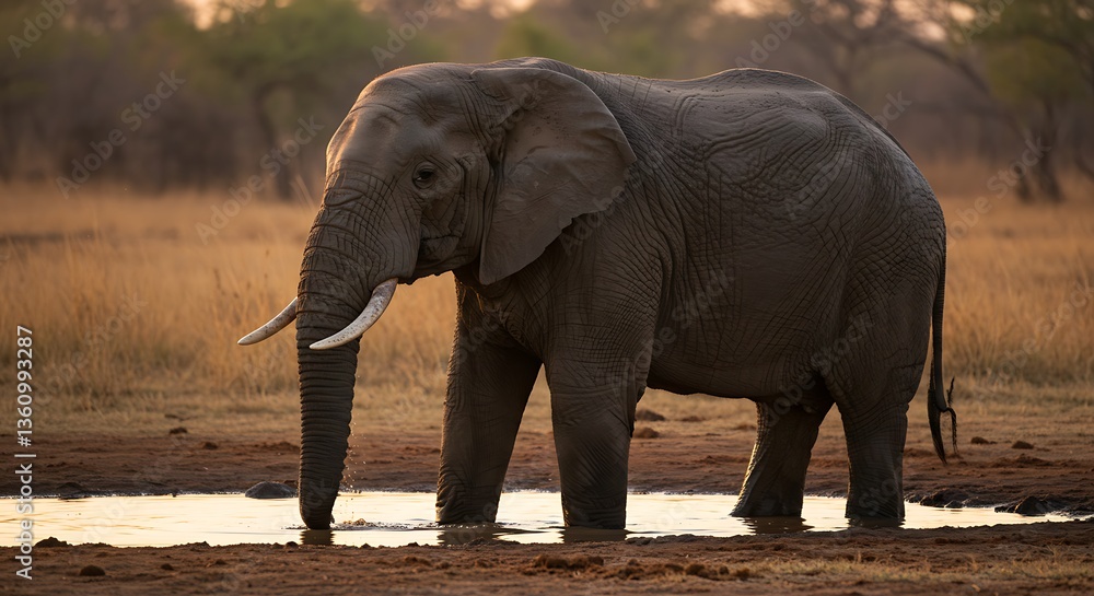 Fototapeta premium Elephant drinks water - a moment of quiet in nature - environmental conservation awareness