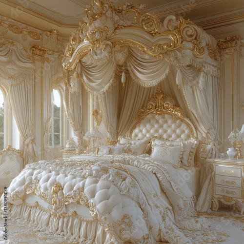 A luxurious bedroom with a large bed and gold accents. The bed is covered in white sheets and pillows, and there is a gold canopy above it. The room also features a dresser and a chair