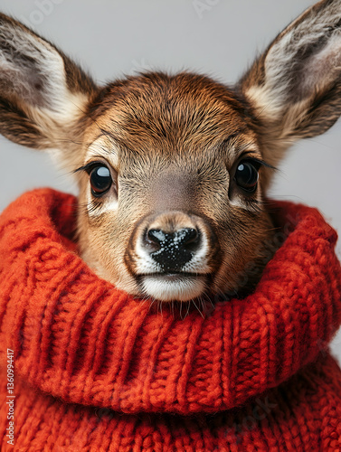 A deer portrait with big, black eyes wearing a red, knitted sweater