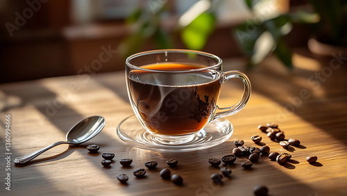 Hot black coffee in glass cup with saucer on wooden table surrounded by roasted beans in warm morning sunlight
