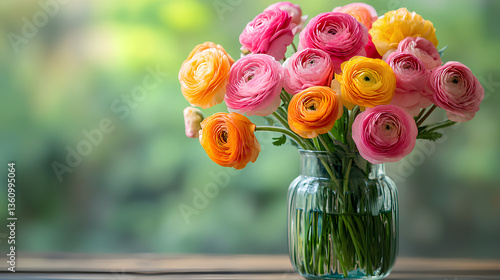 Colorful ranunculus bouquet in glass vase with soft green background