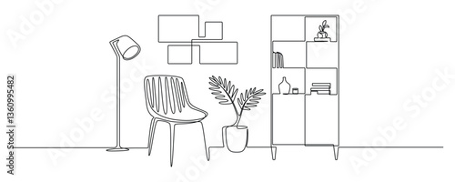 Home office with furniture in continuous one line drawing. Indoor household for living room with armchair and plant with shelf in simple linear style. Editable stroke. Doodle vector illustration