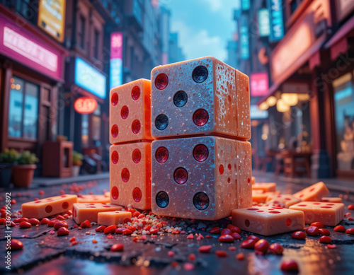 Stacked Dice on City Street with Atmospheric Lighting and Candy Debris