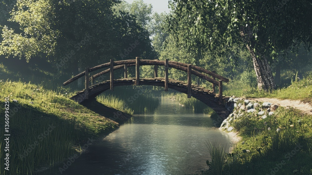 Fototapeta premium Rustic wooden bridge spanning a calm stream in a lush green forest, sunlight filtering through trees.
