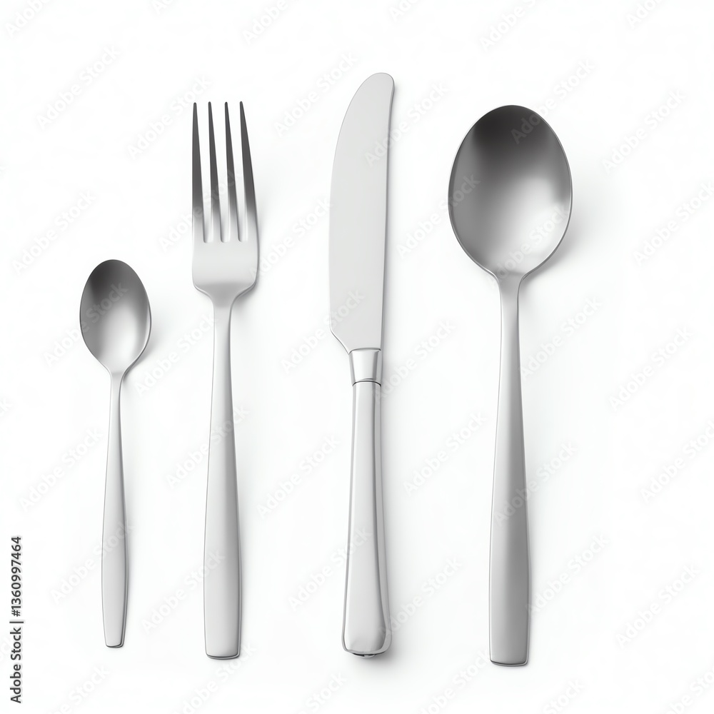 Elegant silverware set including a spoon, fork, knife, and dessert spoon. Elegant silverware set including a spoon, fork, knife, and dessert spoon.