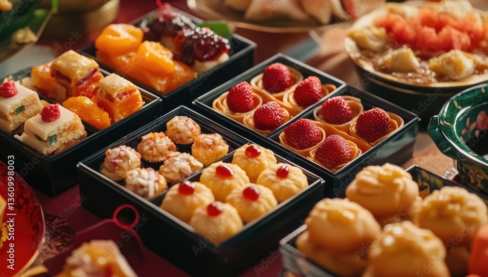 Assorted Chinese New Year treats displayed in boxes, festive table setting Assorted Chinese New Year treats displayed in boxes, festive table setting