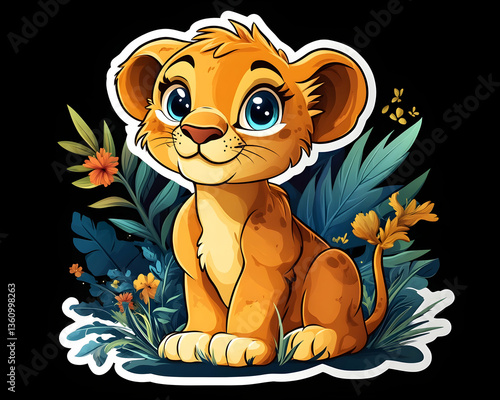 Adorable cartoon lion cub sits amidst lush, vibrant tropical foliage