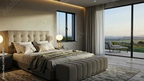 Luxurious bedroom with scenic view, sunrise, modern design