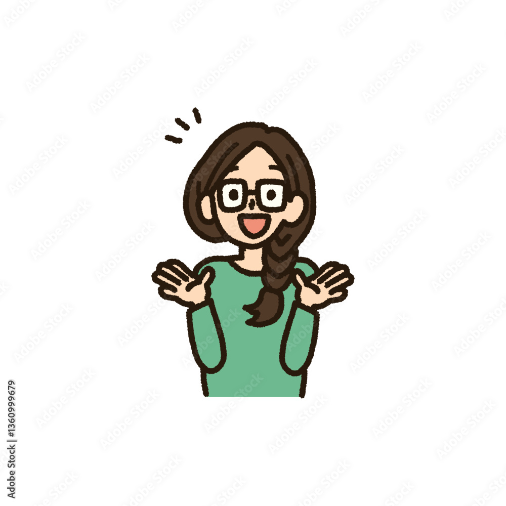 嬉しくて喜ぶ眼鏡をかけた女性のイラスト 上半身 手書き 嬉しくて喜ぶ眼鏡をかけた女性のイラスト 上半身 手書き