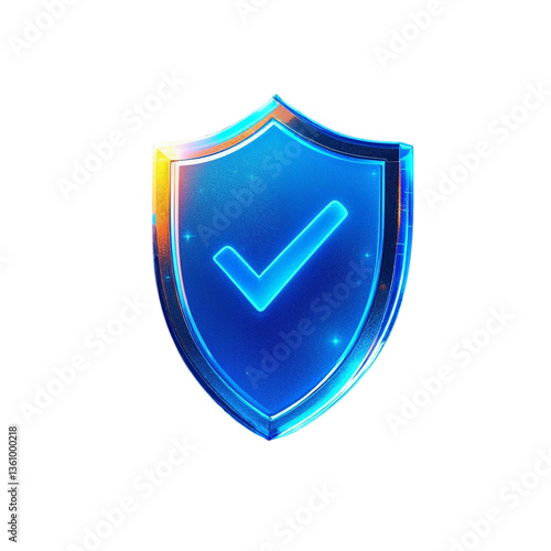 A glowing blue shield with a bright checkmark, symbolizing security and safety, rendered with vibrant, glassy textures and a metallic frame.