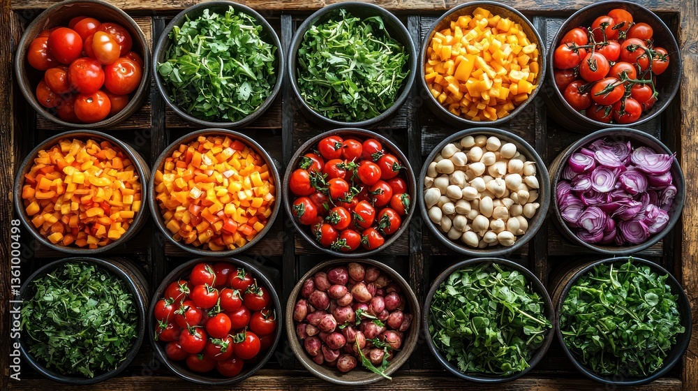 Assorted fresh vegetables in bowls. Assorted fresh vegetables in bowls.