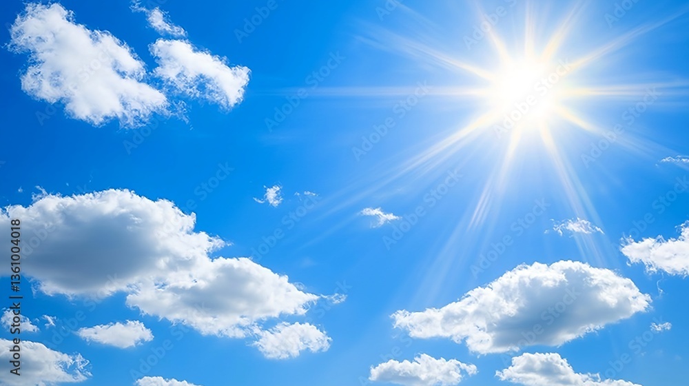The sun shines intensely above fluffy clouds in a vivid blue sky. The sun shines intensely above fluffy clouds in a vivid blue sky.