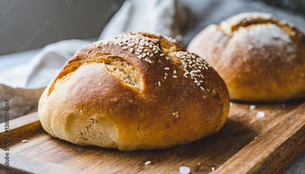 Freshly Baked Sourdough Rolls with Sea Salt Captured Angled on Wooden Tray in Soft Rustic Morning Light Freshly Baked Sourdough Rolls with Sea Salt Captured Angled on Wooden Tray in Soft Rustic Morning Light