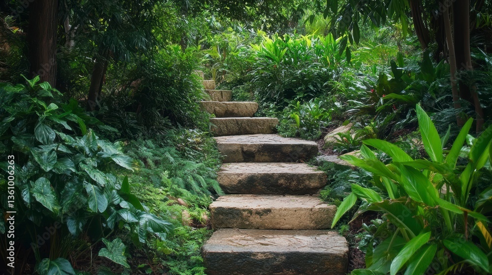 Stone steps winding through a lush, green, tropical garden. Stone steps winding through a lush, green, tropical garden.