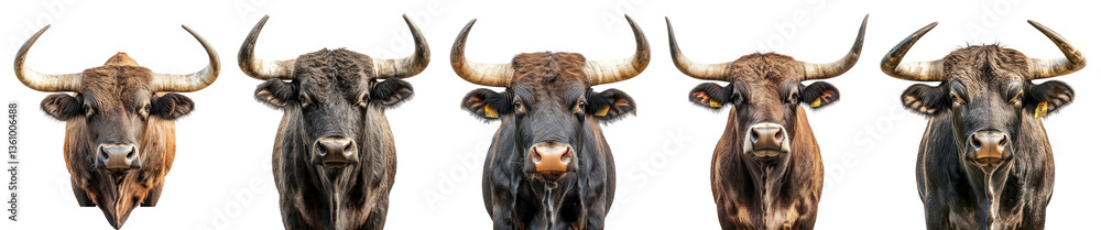 Naklejka premium Diverse Group of Cattle Heads with Different Facial Expressions, PNG bundle collection, Isolated on Transparent Background