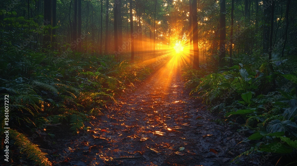Sun rays illuminating a forest path at sunrise. Sun rays illuminating a forest path at sunrise.