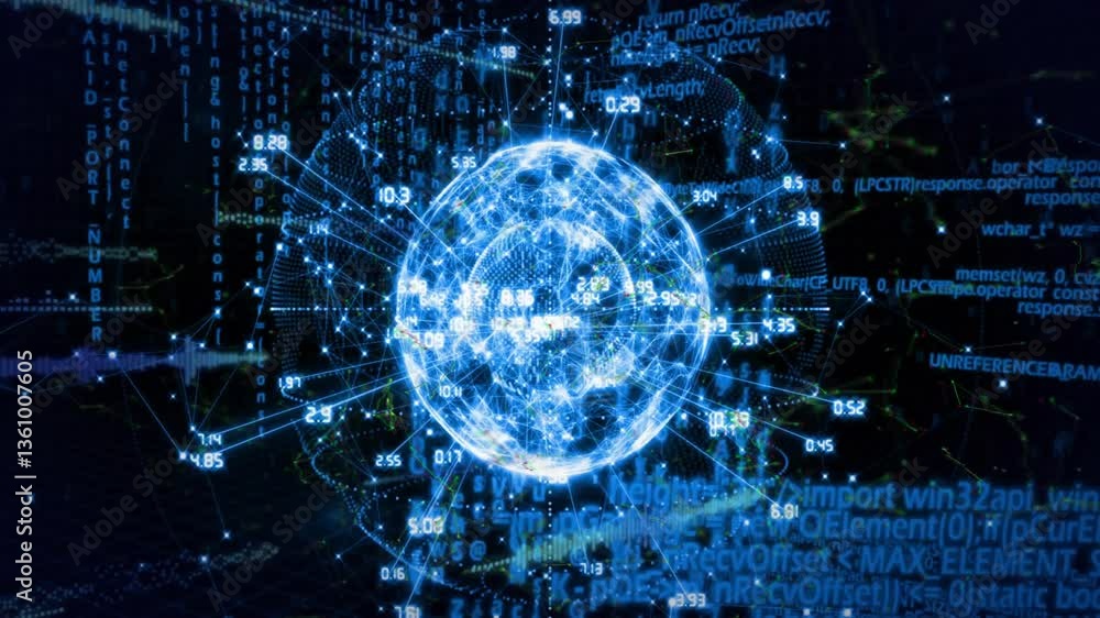 Animation of glowing digital globe surrounded by binary code in school setting Animation of glowing digital globe surrounded by binary code in school setting