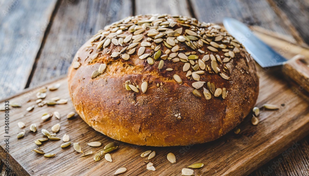 Freshly Baked Whole Wheat Bread with Seeds Captured Overhead on Wooden Board in Soft Rustic Morning Light Freshly Baked Whole Wheat Bread with Seeds Captured Overhead on Wooden Board in Soft Rustic Morning Light