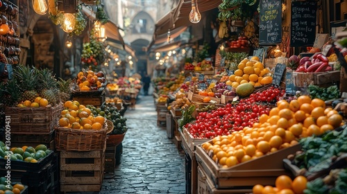 Vibrant fruit and vegetable market stall displays in a cobblestone alley.