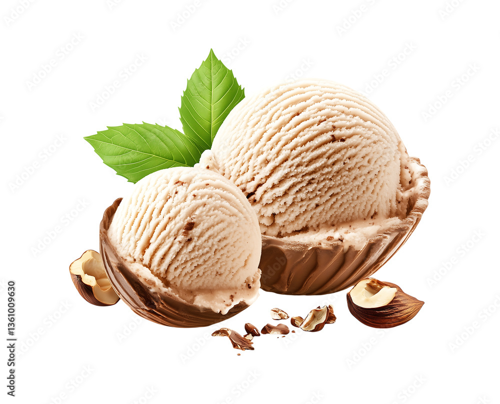 Fototapeta premium Hazelnut ice cream, perfect round scoop isolated on transparent background
