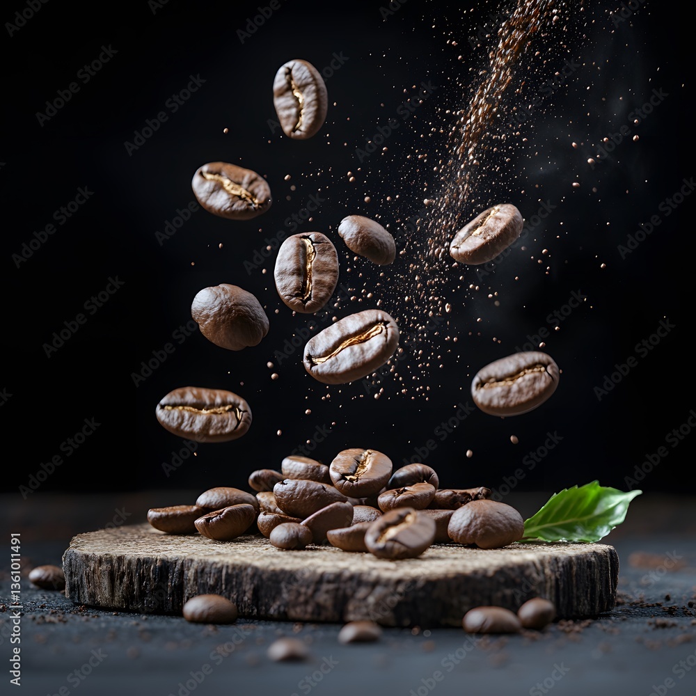 Roasted coffee beans falling, dark background, wood, grinder Roasted coffee beans falling, dark background, wood, grinder